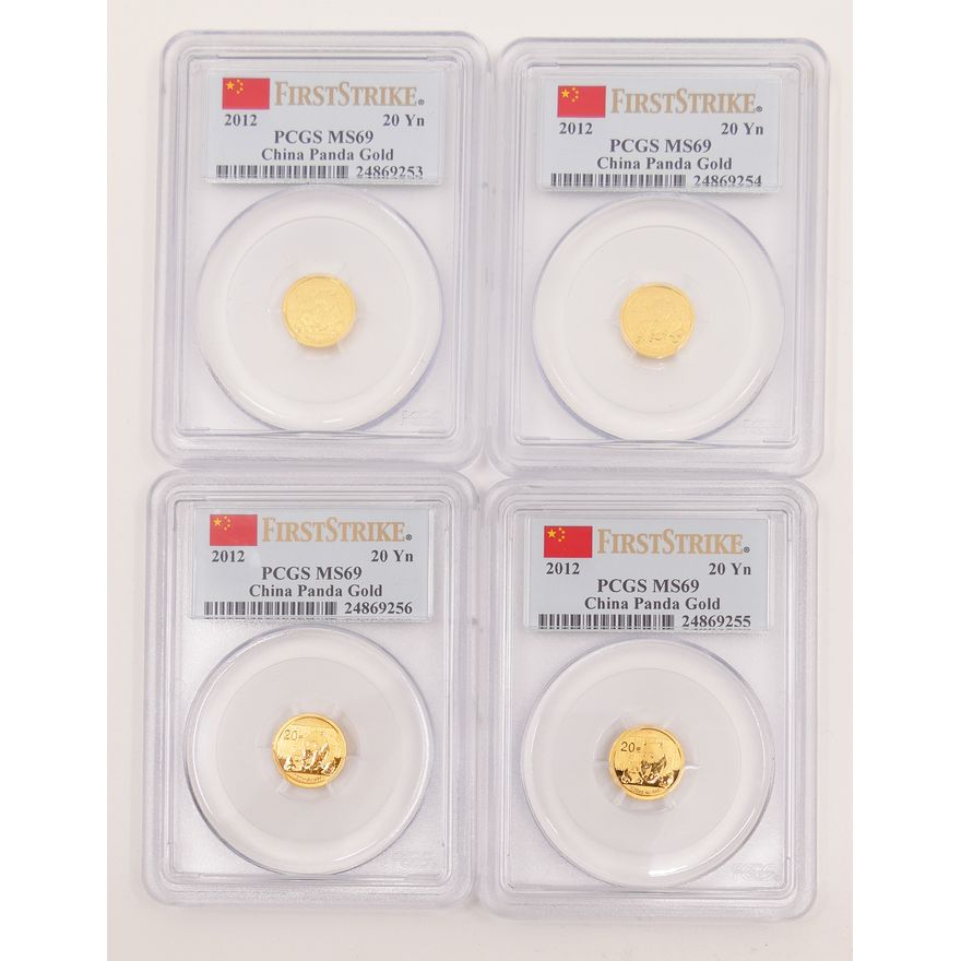 4pc China 2012 20 Yen Gold Panda Mint State Coins, PCGS MS69