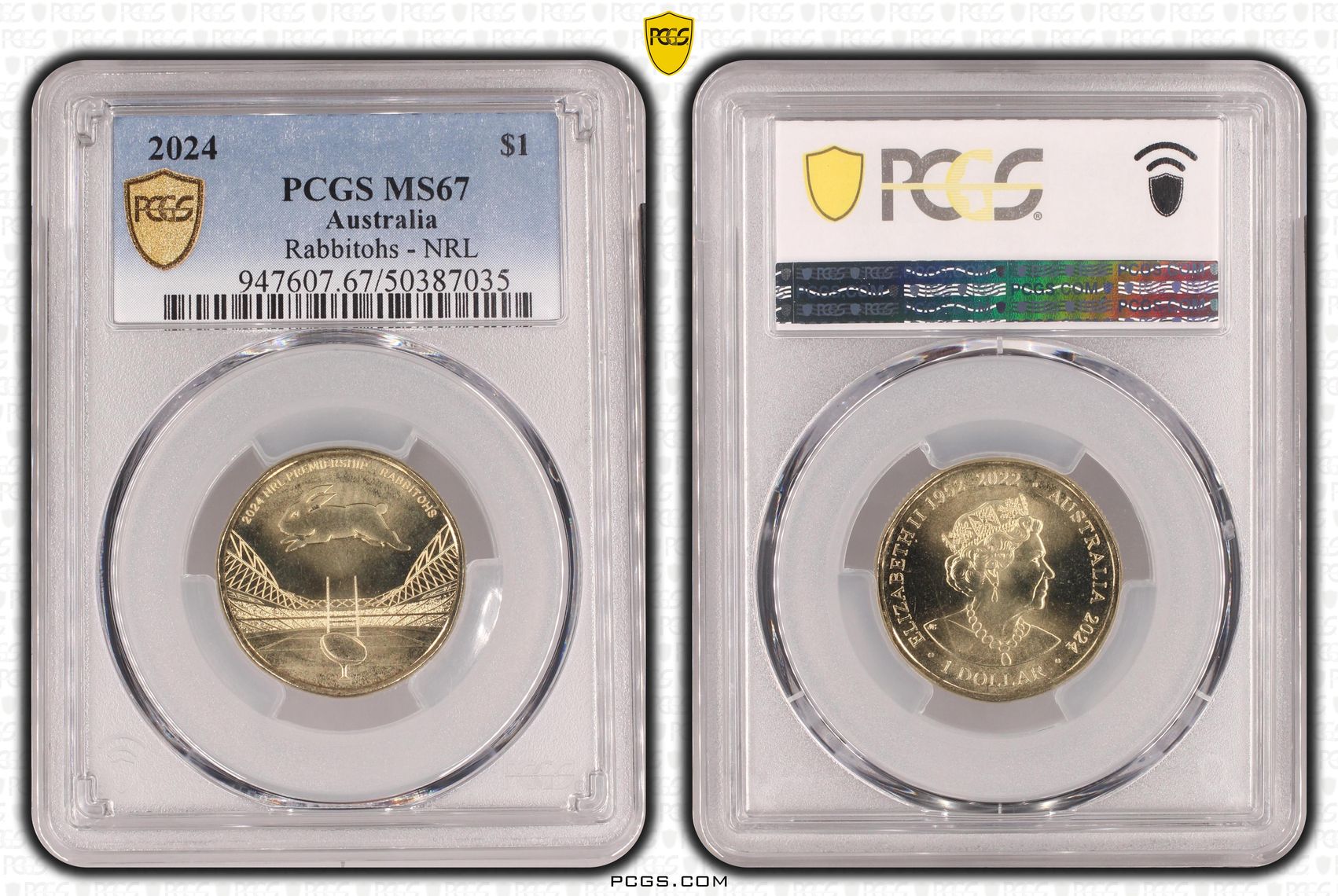 369 · Elizabeth II, Rabbitohs - NRL , One Dollar, 2024, PCGS MS67