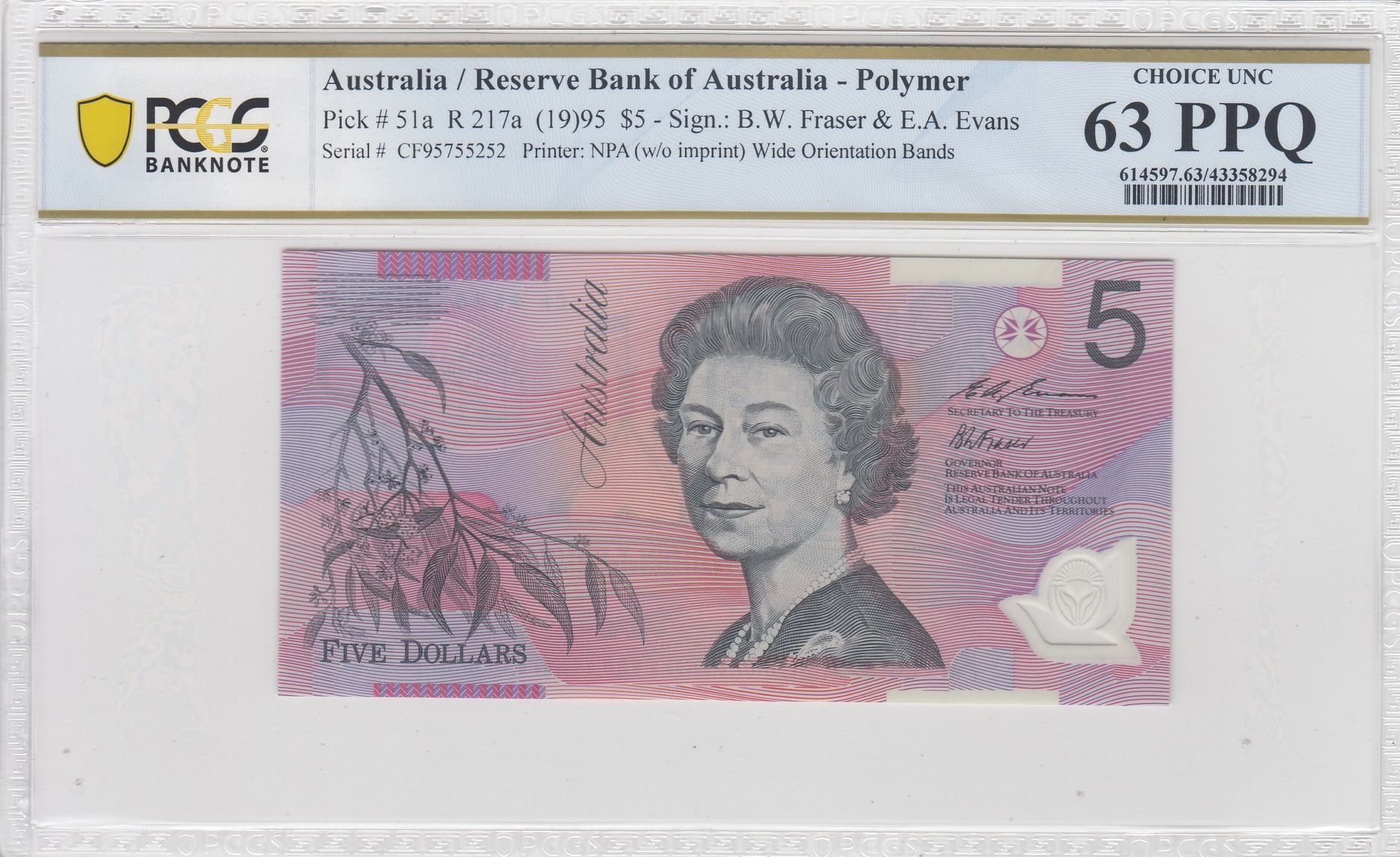 Fraser/Evans, Wide Bands; Last Prefix, Five Dollar, 1995, PCGS Choice UNC 63 PPQ