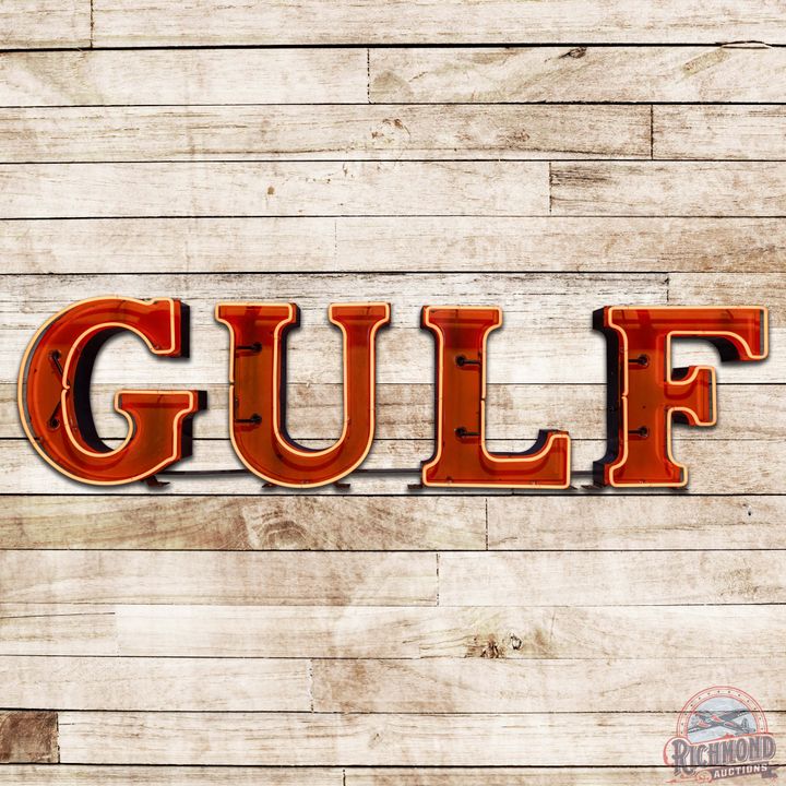 Gulf Gasoline Service Station Embossed SS Porcelain Die Cut Neon Letter Sign