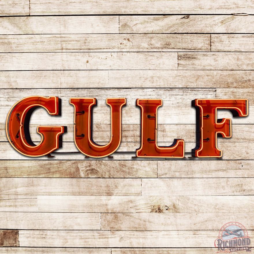 Gulf Gasoline Service Station Embossed SS Porcelain Die Cut Neon Letter Sign