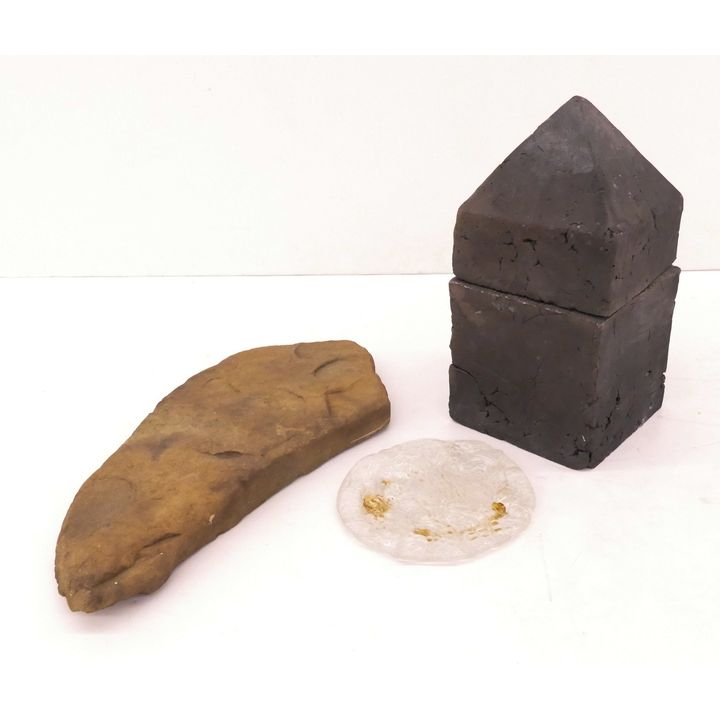 3pc Contemporary Art Sculptures- Raku, Glass, and Stone- 7-13"