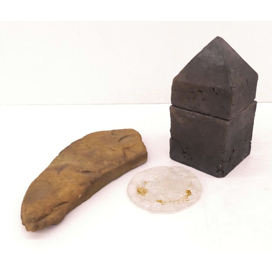 3pc Contemporary Art Sculptures- Raku, Glass, and Stone- 7-13"