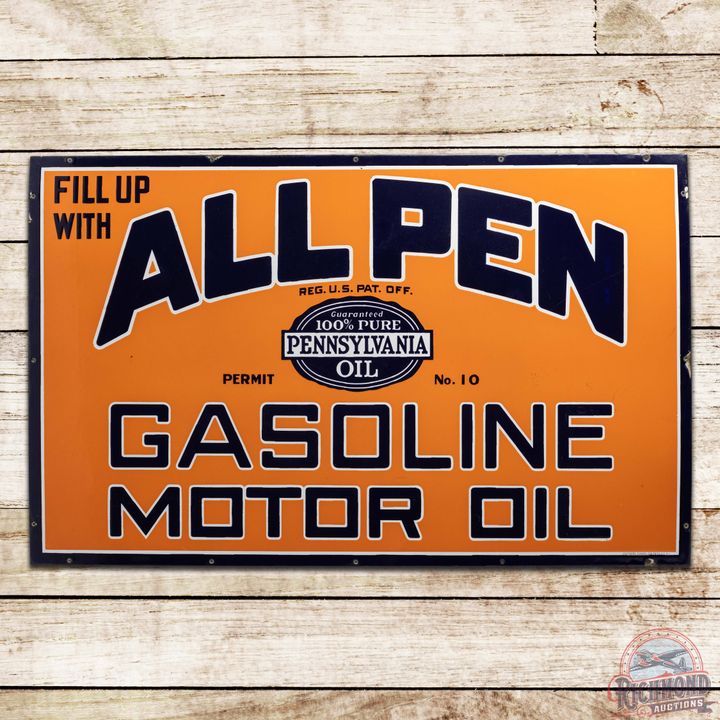 Amazing All Penn Gasoline Motor Oil Single Sided Porcelain Sign w/ Pennsylvania Seal