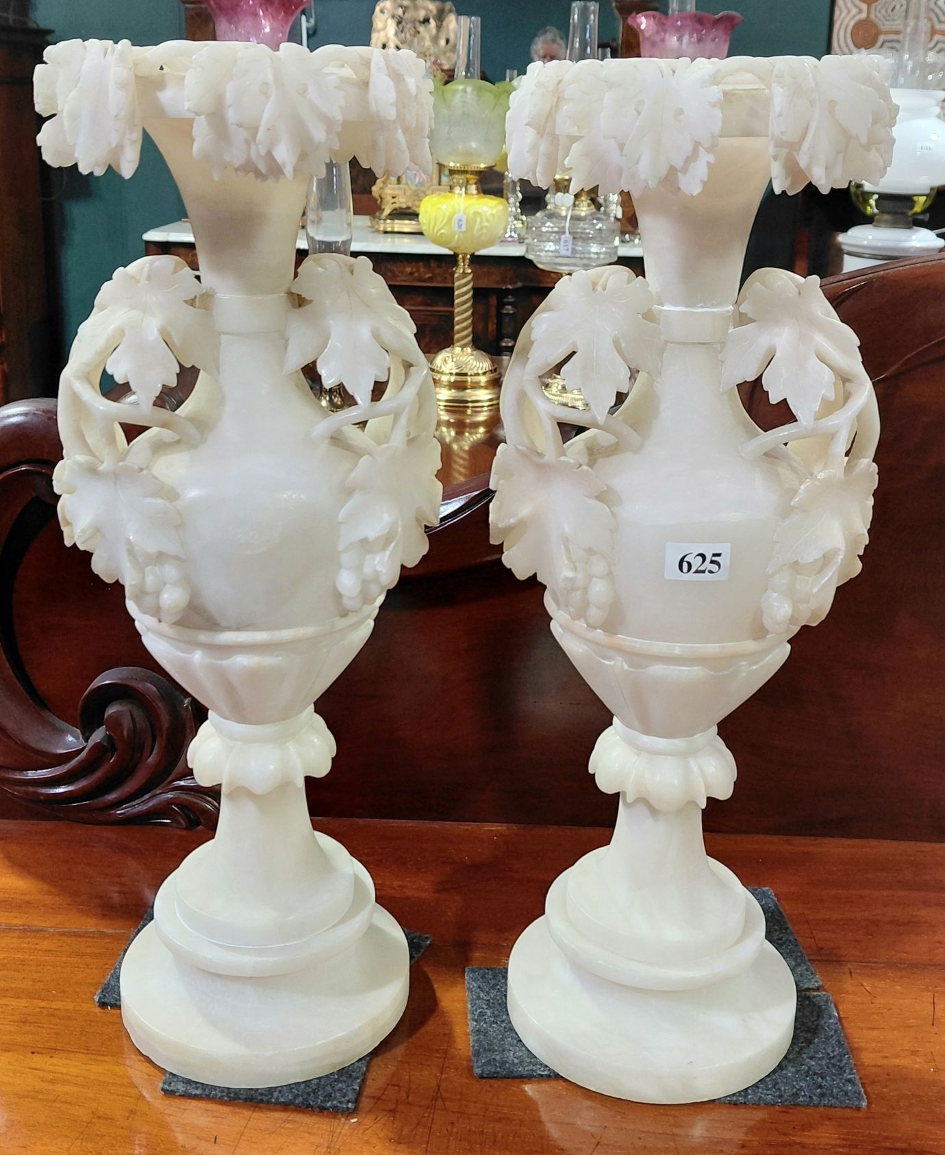 PAIR OF ALABASTER URN SHAPED VASES