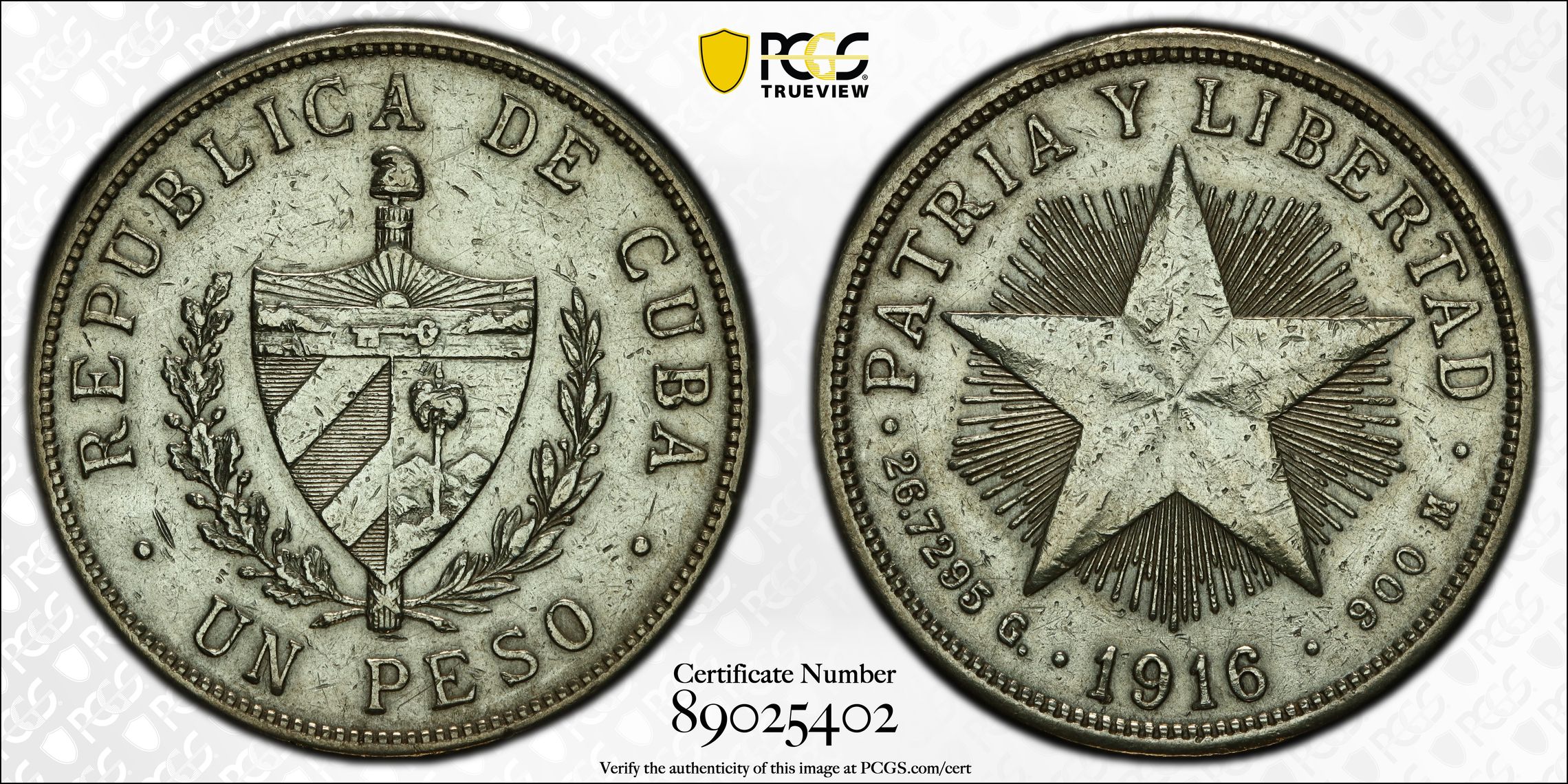 Cuba, KM-15.2, Peso, 1916, PCGS Genuine - XF Details (92 - Cleaned)