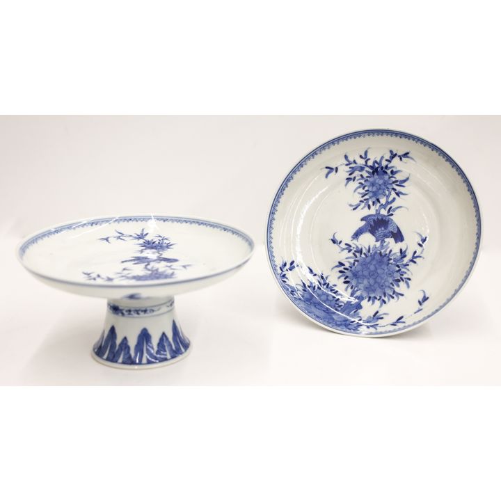 Pair Chinese Blue & White Large Stem Dishes