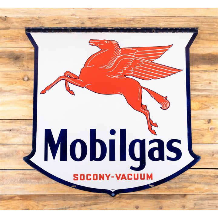 Circa 1939 Mobilgas w/ Pegasus Socony-Vacuum Double Sided Porcelain ID Sign TAC 8.9
