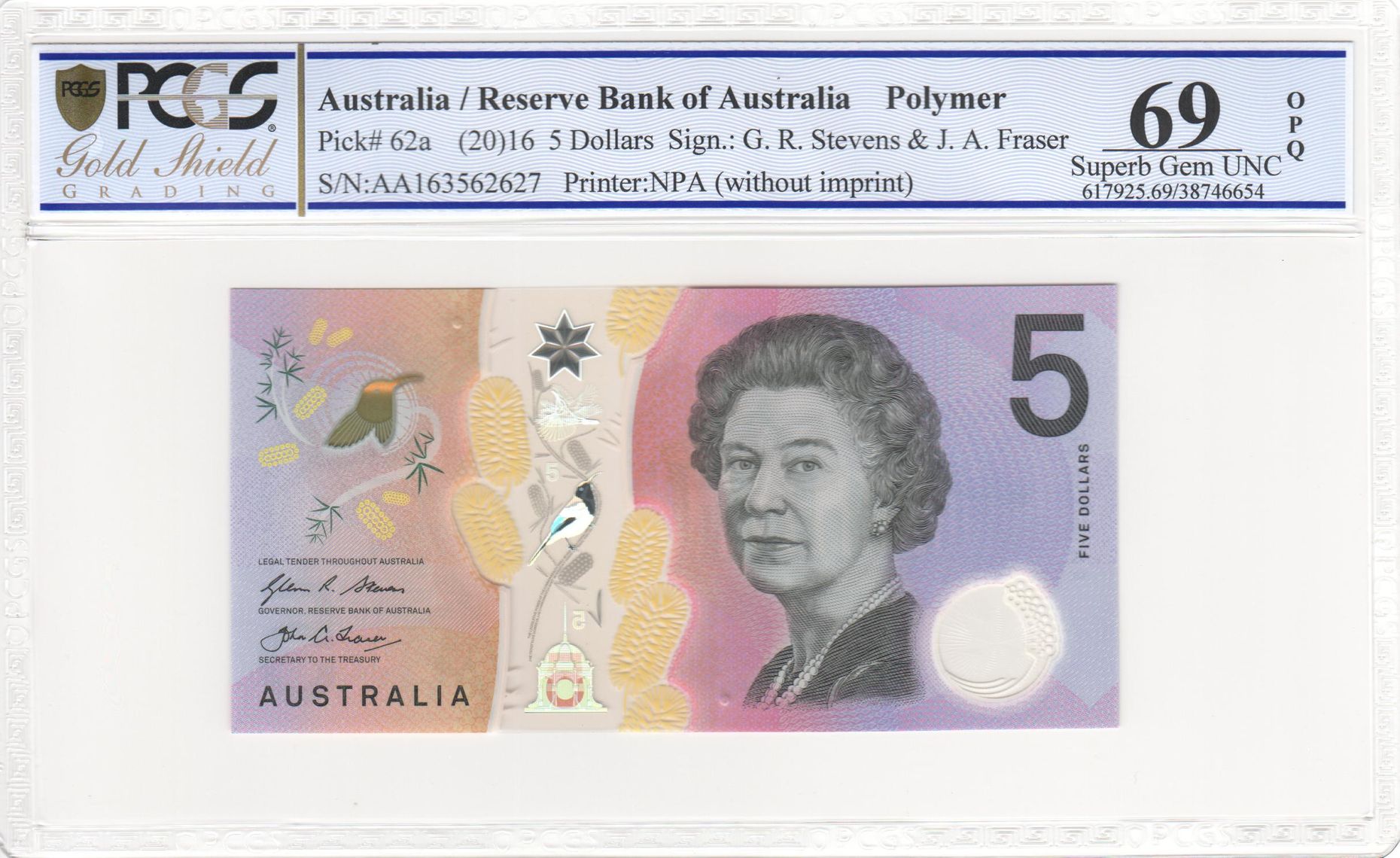 2016 Australia $5 Banknote Stevens/Fraser First Prefix Superb Gem UNC 69 PPQ PCGS - Matching Serial with 747