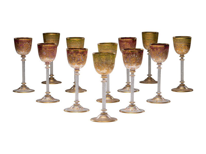 Twelve Gold Overlay Blown Crystal Wine Hocks