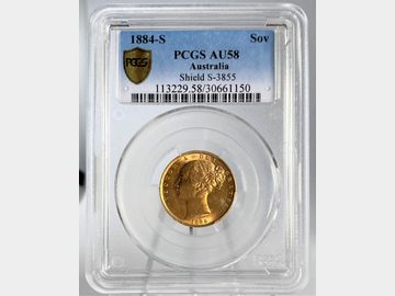 1884 VICTORIA YOUNG HEAD SYDNEY MINT SHIELD GOLD SOVEREIGN AU58 PCGS