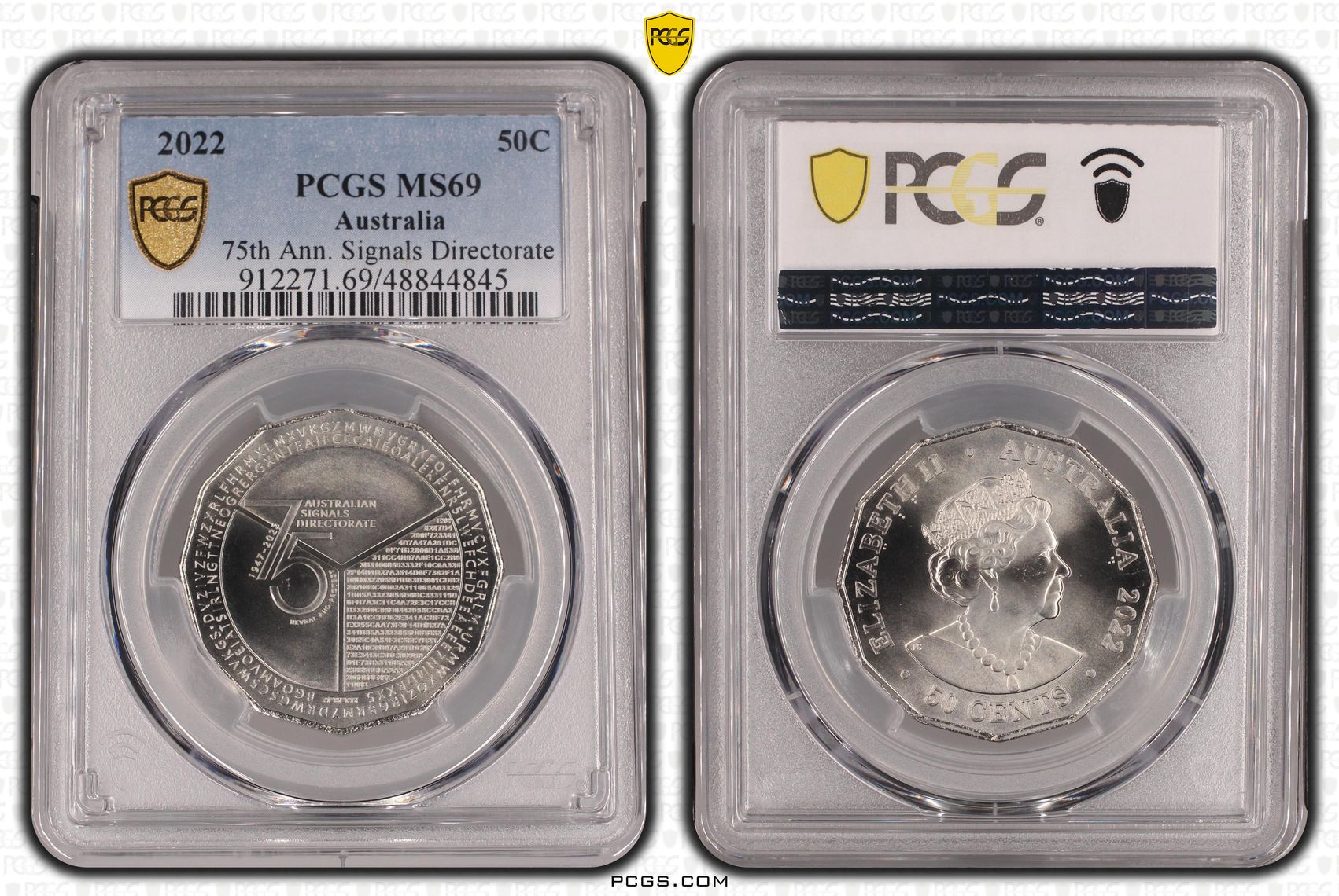 353 · Elizabeth II, 75th Ann. Signals Directorate , Fifty Cent, 2022, PCGS MS69