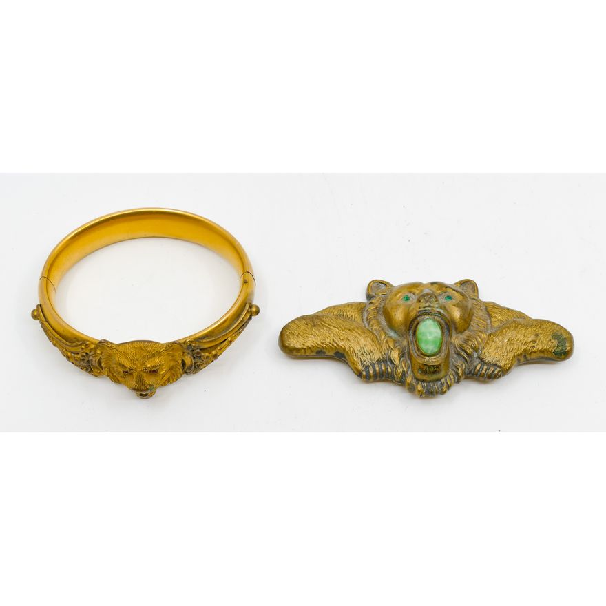 Box 2pc Antique Tiger and Bear Jewelry