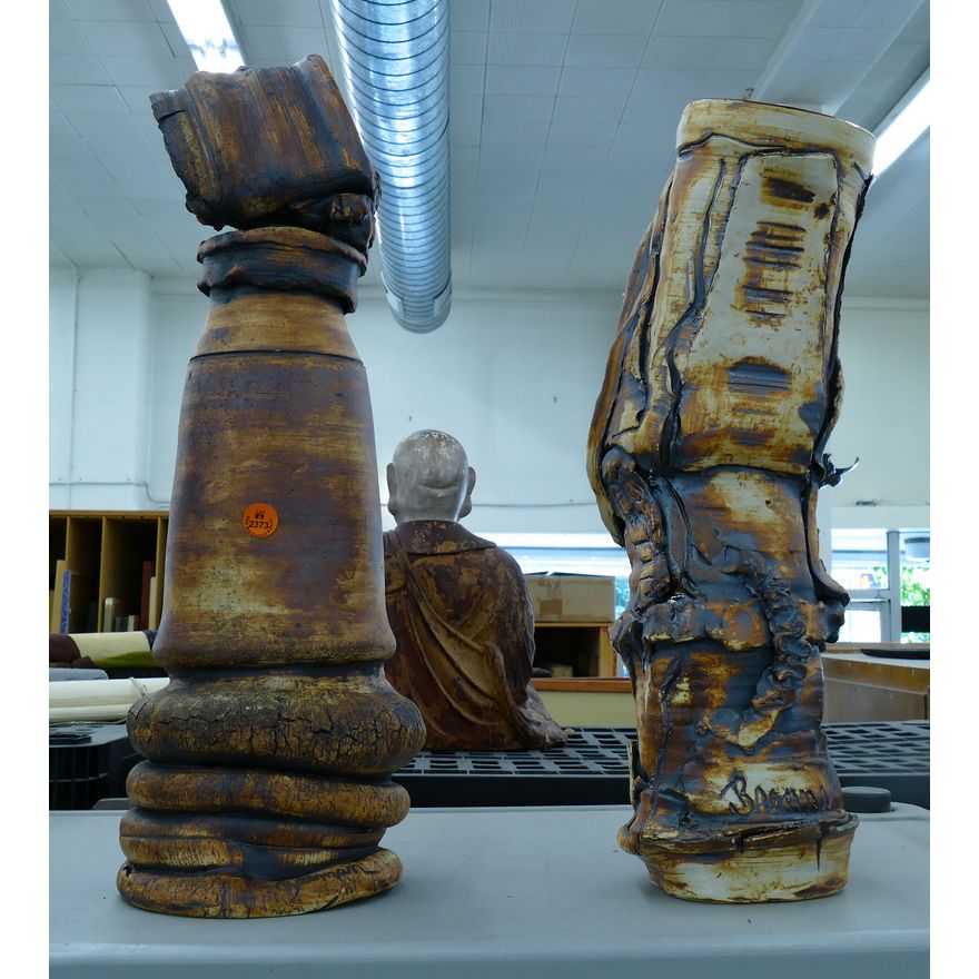2pc Ed Brannan Tall Studio Pottery Scultural Vessels 19''