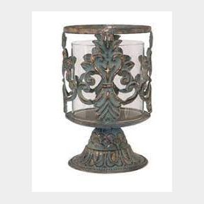 H-Design Fleur De Lis Rose Gold and Sage Candle Holder - 28CM - Cut out pattern Candle holder