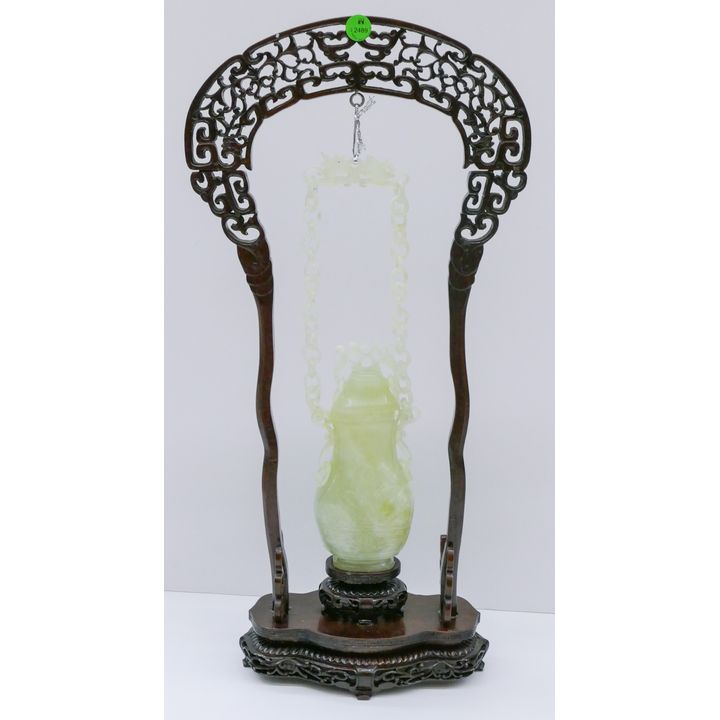 Chinese Carved Jade Hanging Vase on Stand 20''