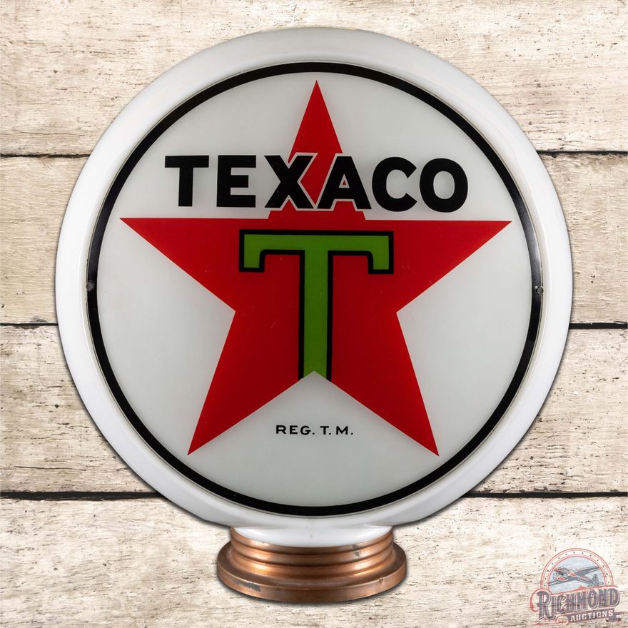 Early Texaco 13.5" Translucent Gas Pump Globe Lenses On Original Milk Glass Body "Black T"