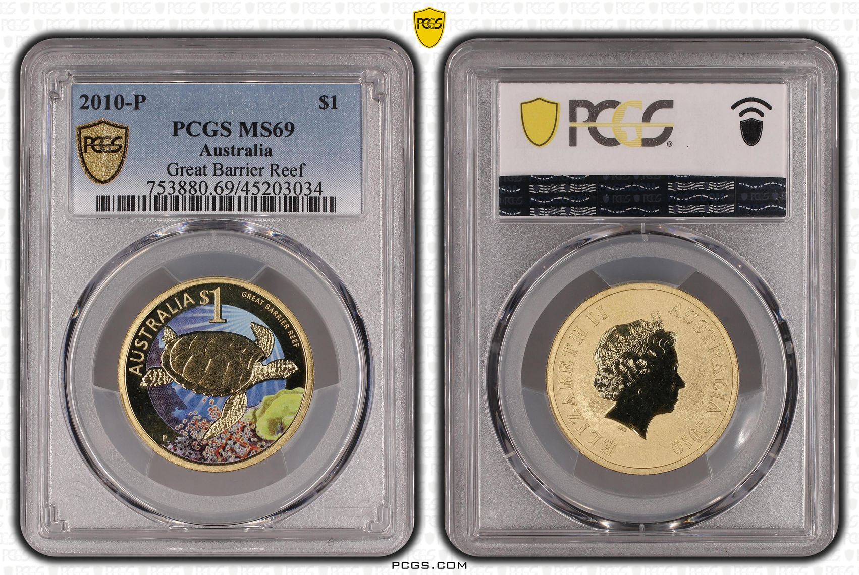 2010-P Australia One Dollar, $1 Great Barrier Reef PCGS - MS69 POP 2/0 -034