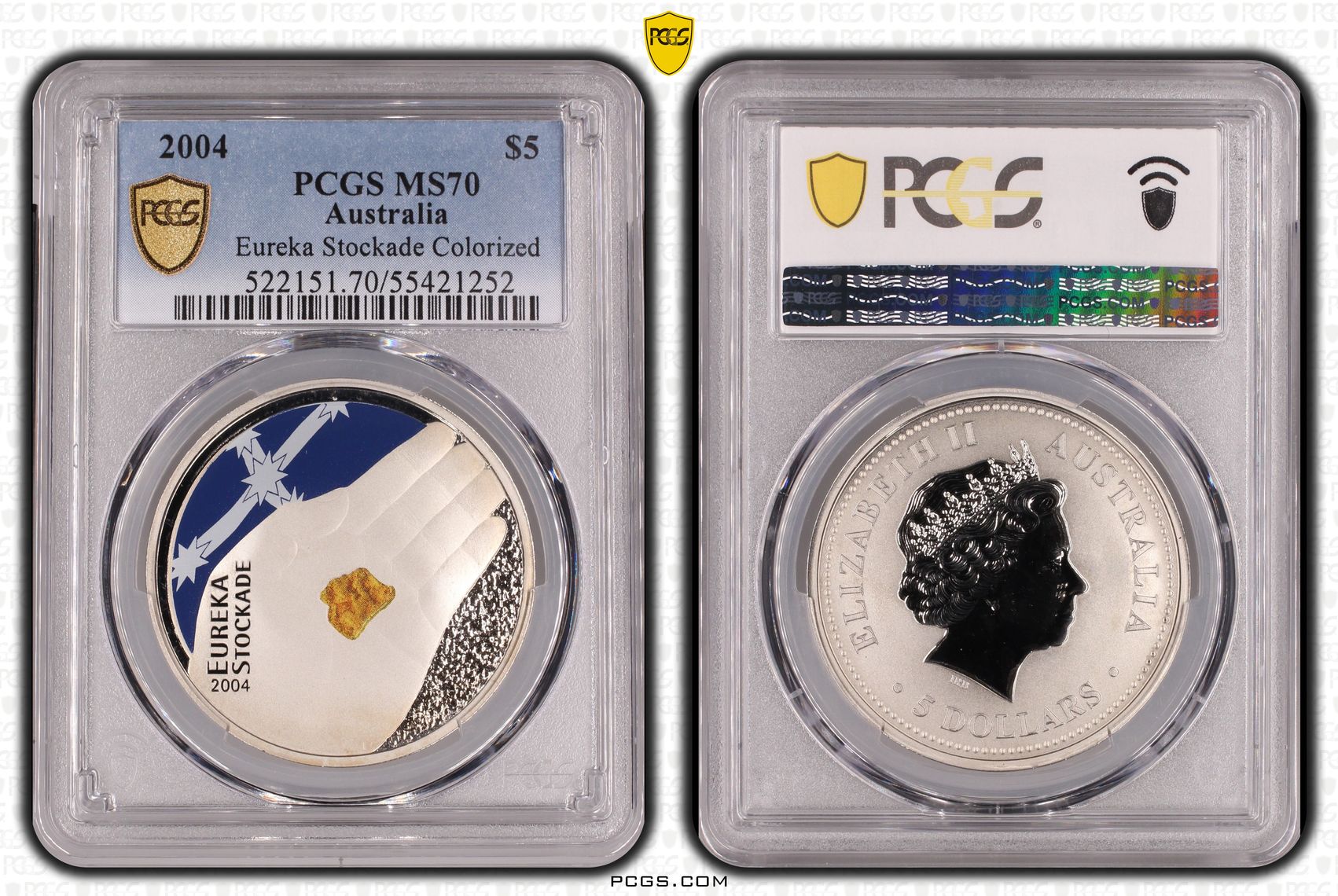 Eureka Stockade Colorized, POP 19/0, Five Dollar, 2004, PCGS MS70