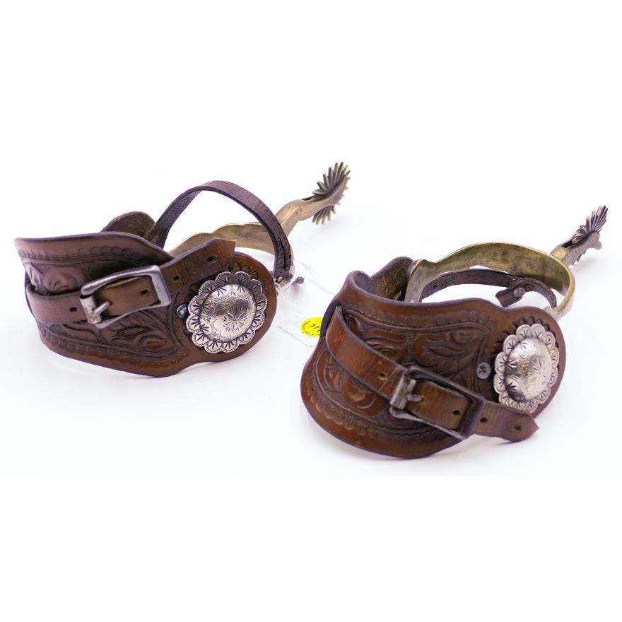 Pair Old Buermann Hercules Bronze & Leather Spurs