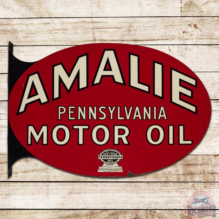 Amalie Pennsylvania Motor Oil Double Sided Tin Flange Sign w/ PA Seal
