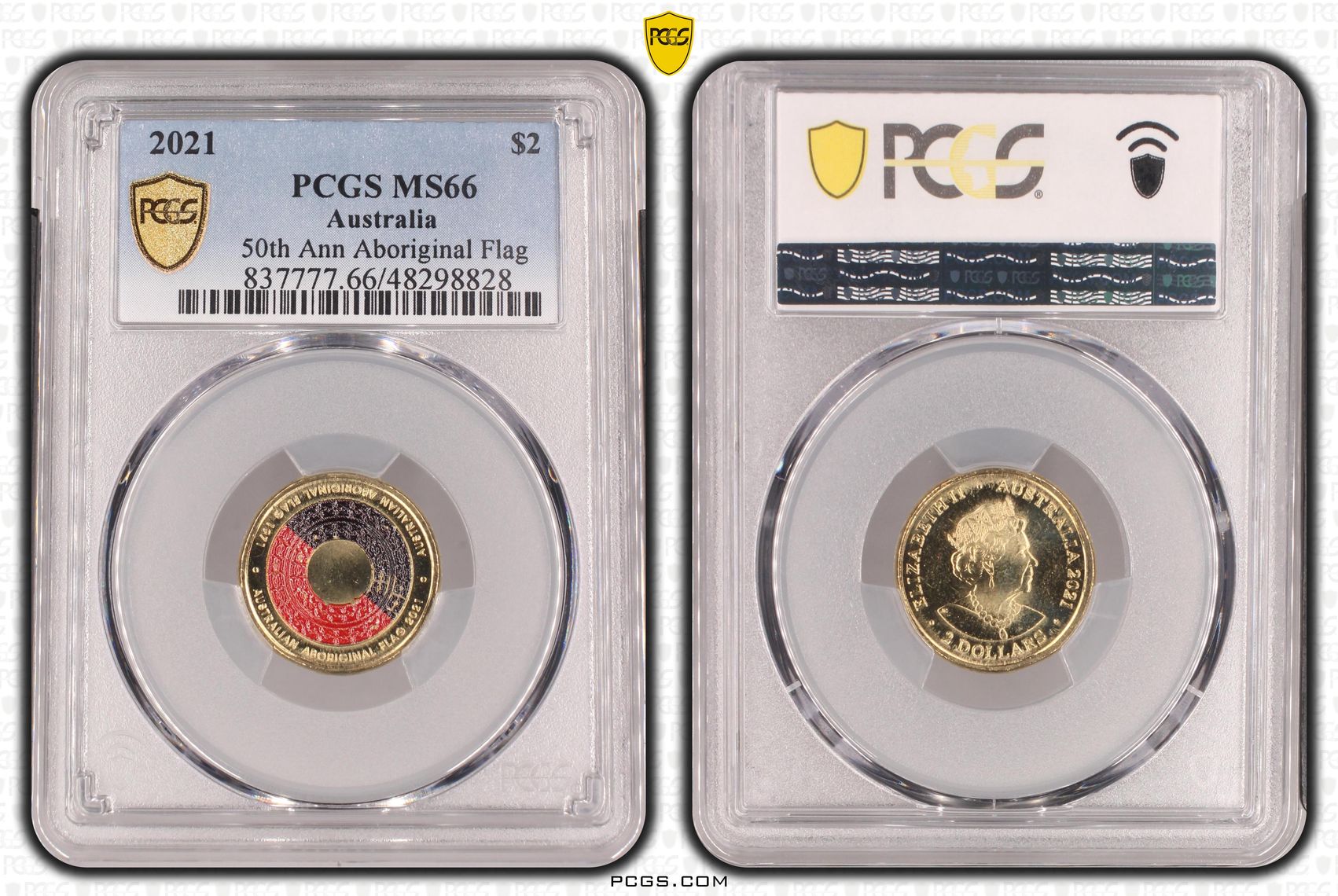 Elizabeth II, 50th Ann Aboriginal Flag Colorized, Two Dollar, 2021, PCGS MS66