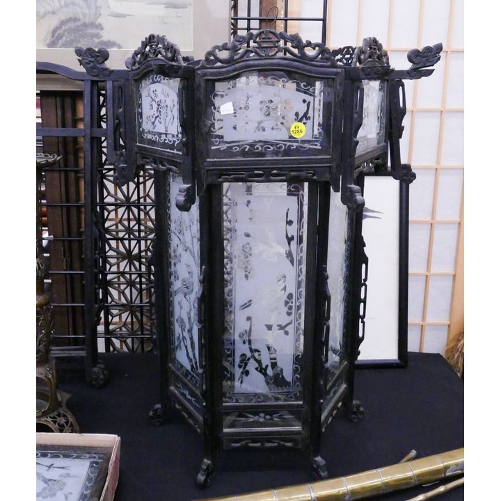 Pair Old Chinese Etched Glass Panel Festival Lanterns- 26x22'' each- scattered damage