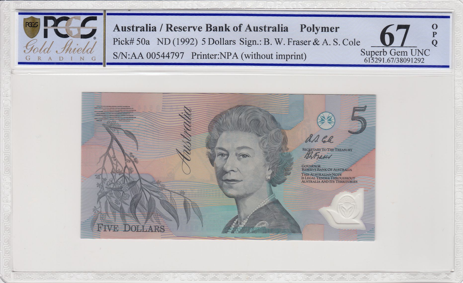 Fraser/Cole, Dark Green Serials. First Prefix AA00., Five Dollar, 1992, PCGS Superb Gem UNC 67 PPQ