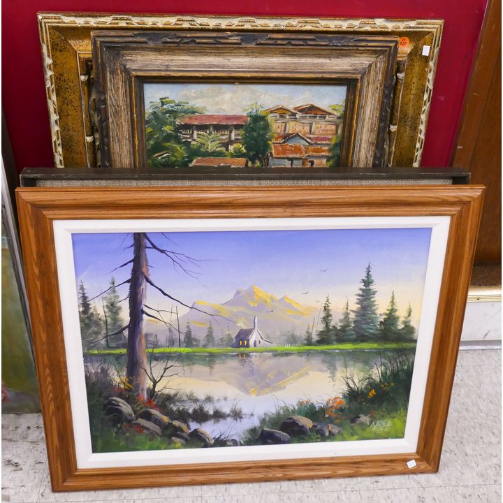 5pc Framed Landscape Oil Paintings- largest 32x26''
