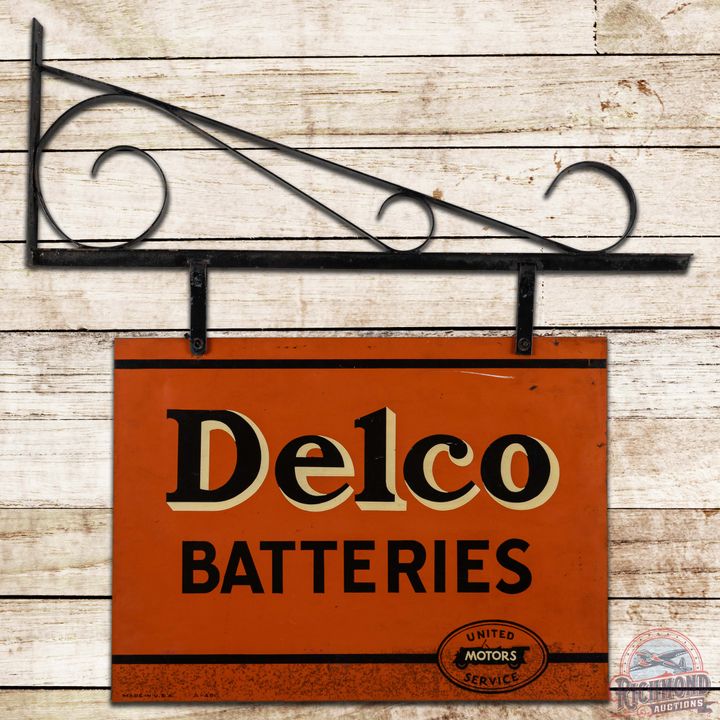 United Motors Service Delco Batteries DS Tin Sign w/ Bracket & Logo