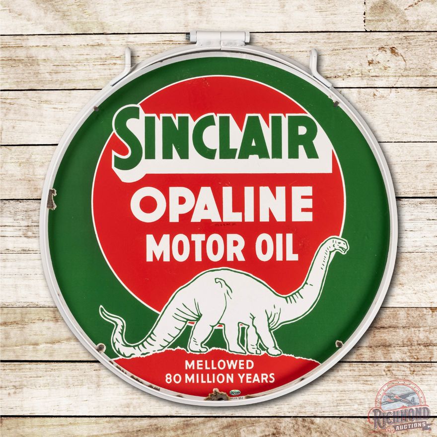 24" Sinclair Opaline Motor Oil & White Dino Double Sided Porcelain Sign