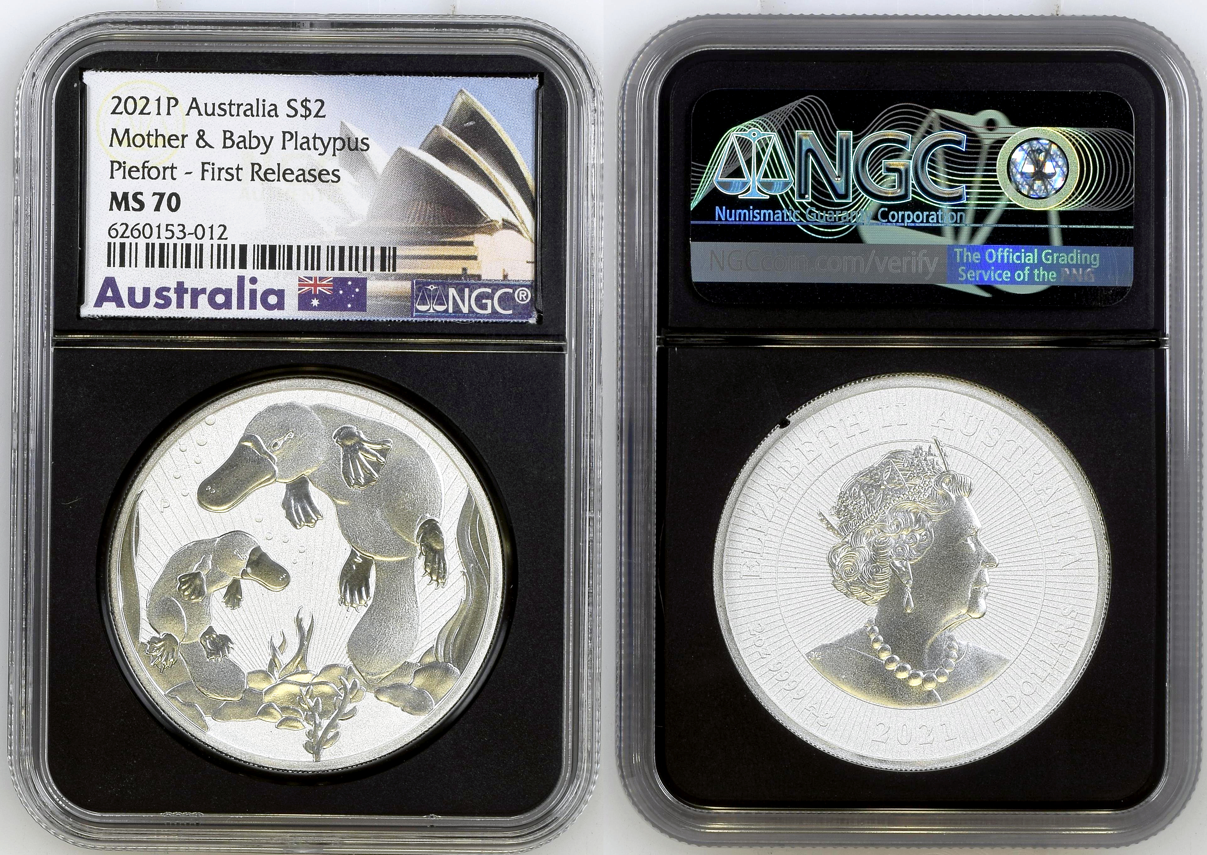 Mother & Baby Platypus Piefort , Two Dollar, 2021P, NGC MS 70