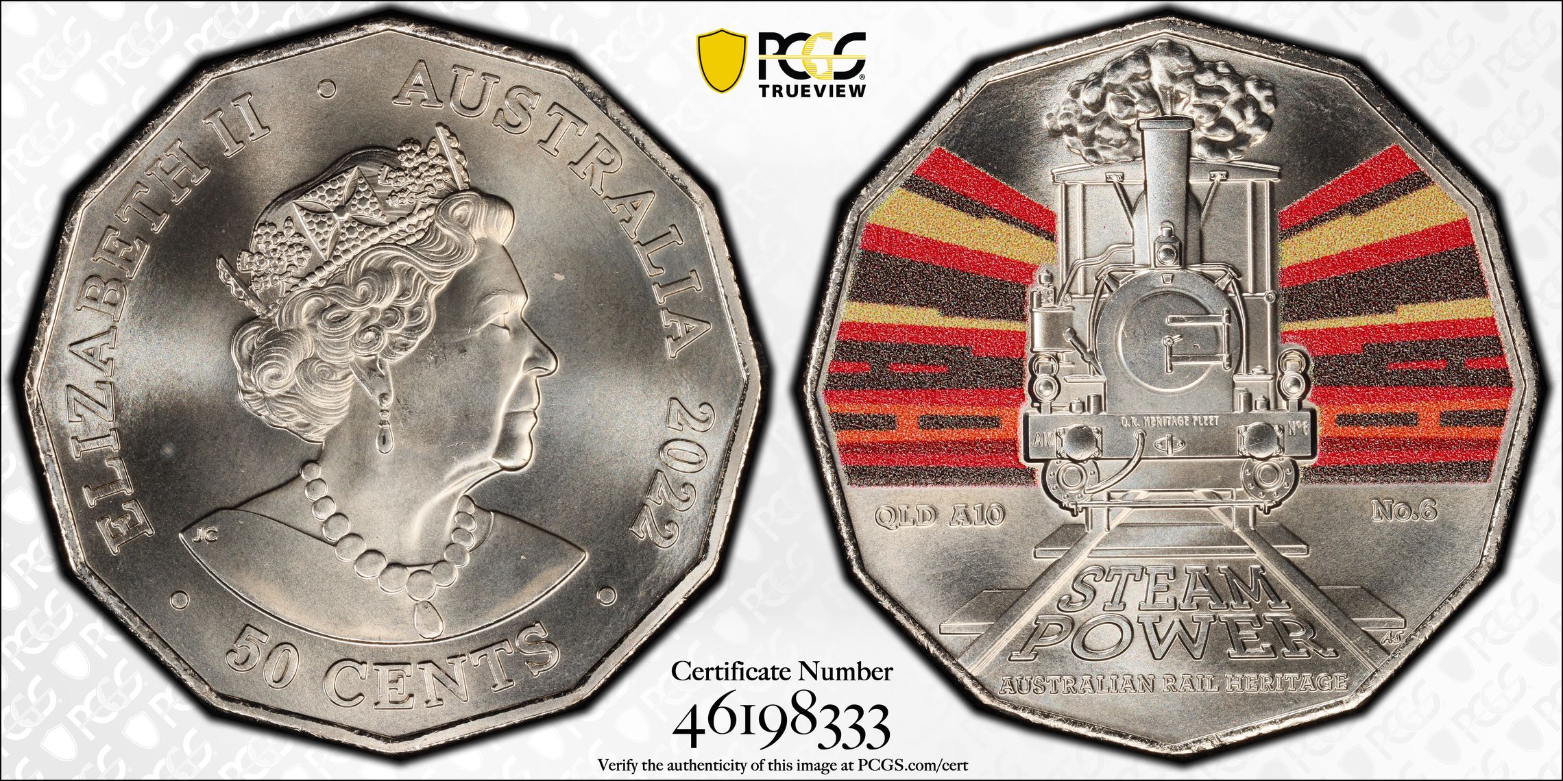 Queensland Rail A10 No.6 - Australian Rail Heritage, Fifty Cent, 2022, PCGS MS69
