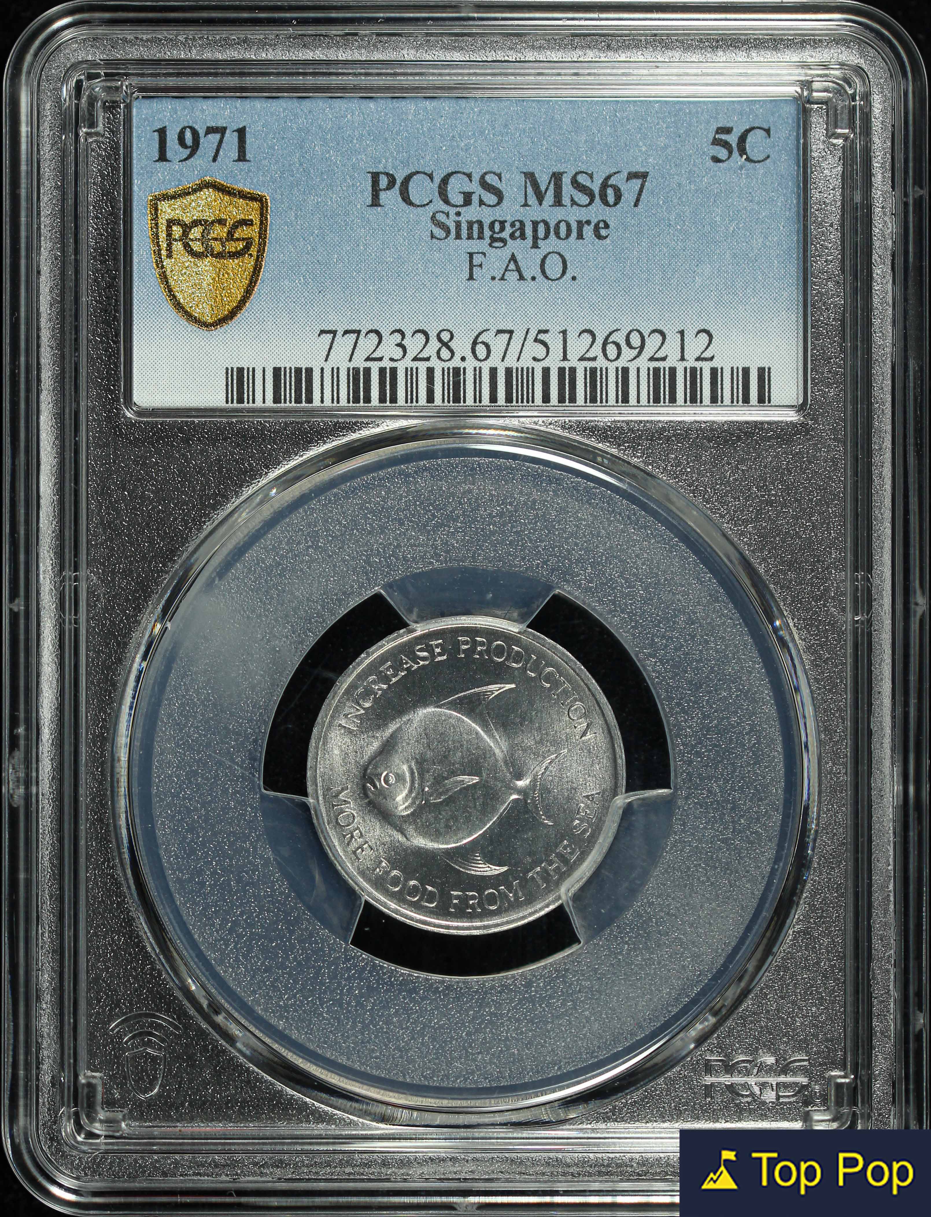 Singapore, 1971, 5 Cents, F.A.O, Top pop, PCGS MS67. | Unique
