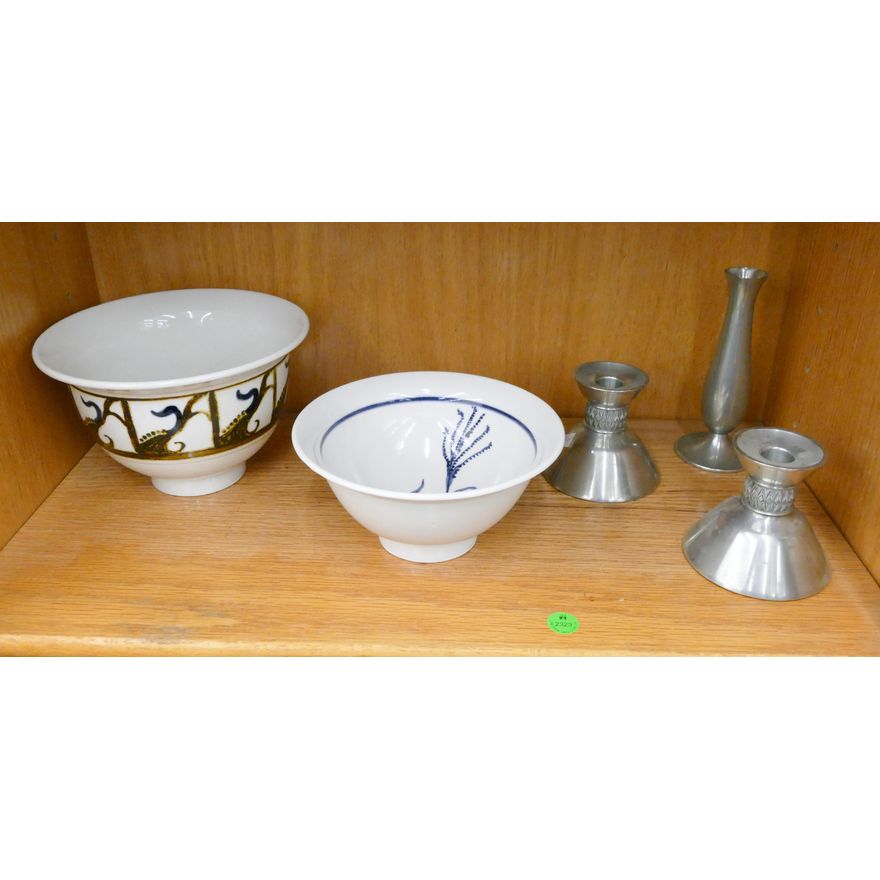 Shelf 5pc Studio Pottery and Pewter 4'' to 8''