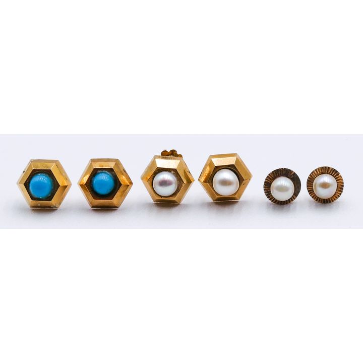 Box 3 Pairs 18k Pearl & Turquoise Stud Earrings - 3.3 Grams TW