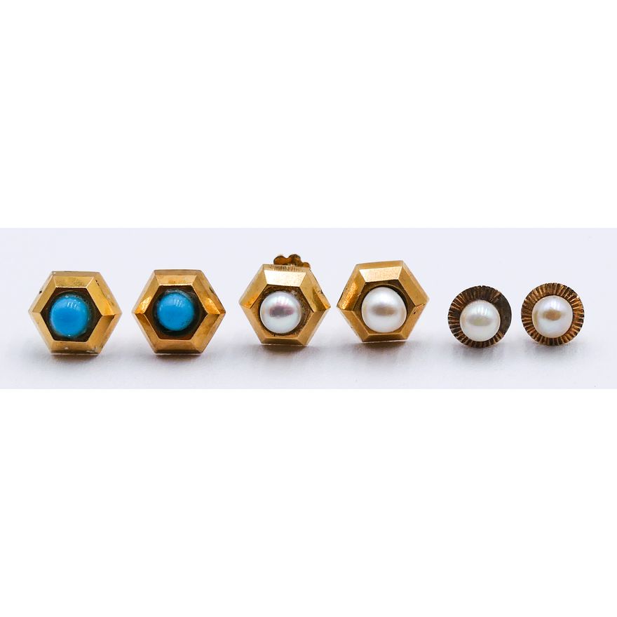 Box 3 Pairs 18k Pearl & Turquoise Stud Earrings - 3.3 Grams TW
