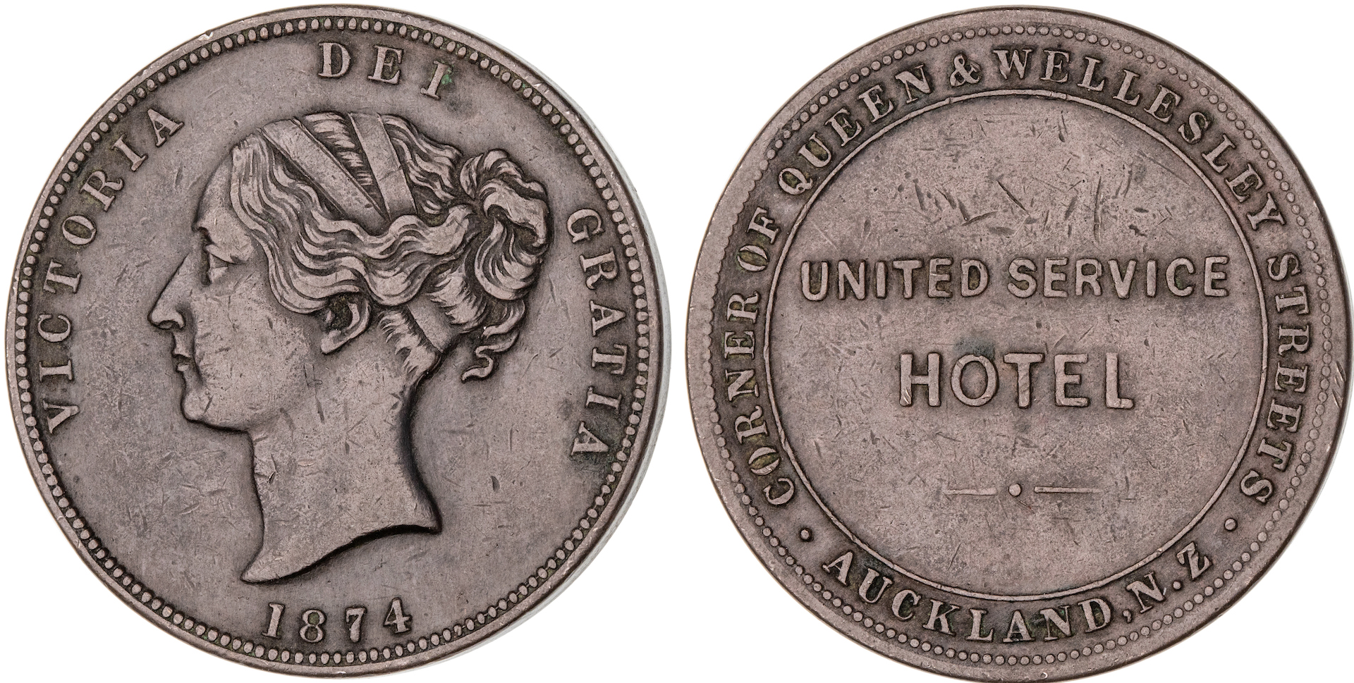 New Zealand, United Service Hotel, Penny, 1874, gVF