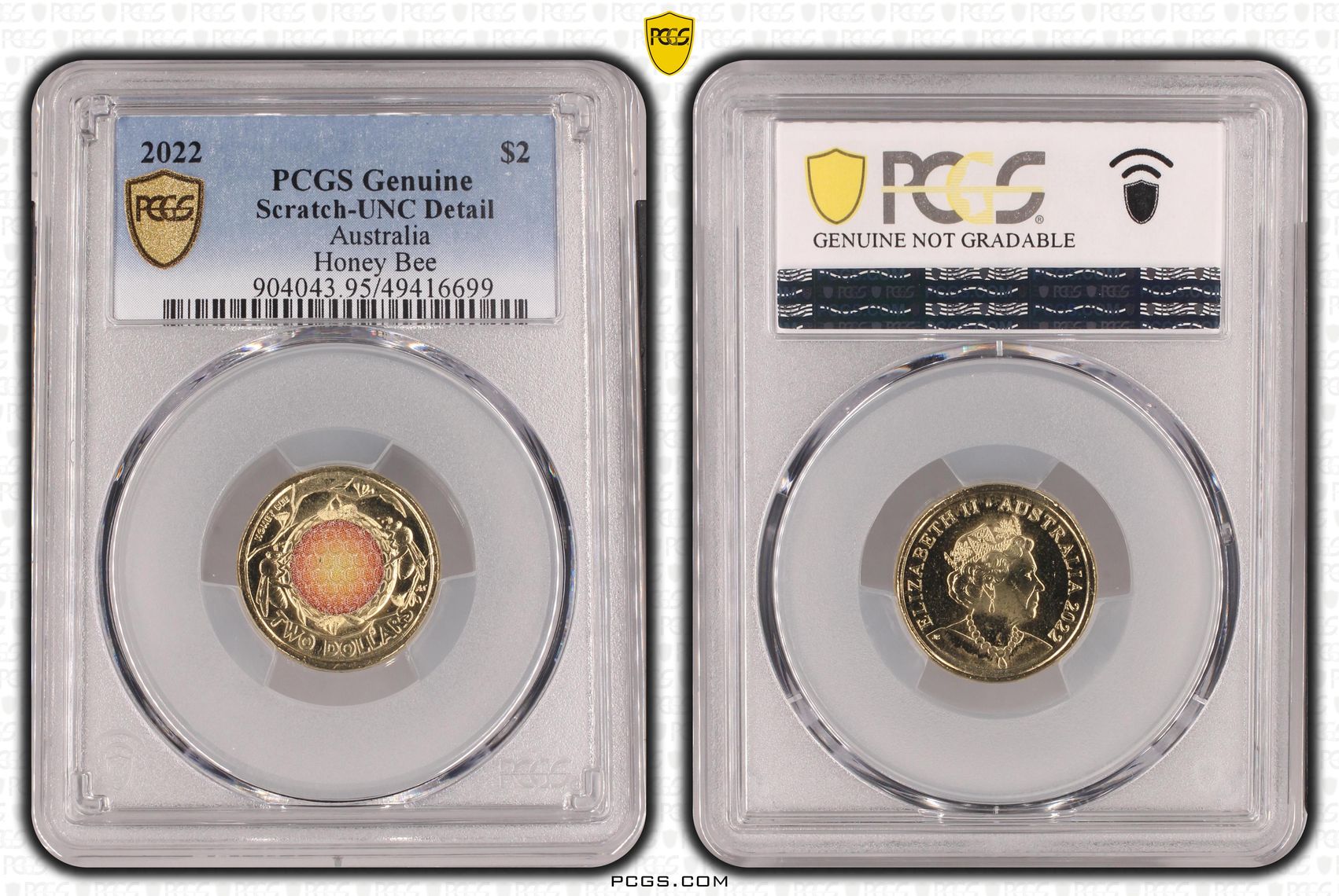 Honey Bee Colourised, Two Dollar, 2022, PCGS Genuine - UNC Details (95 - Scratch)