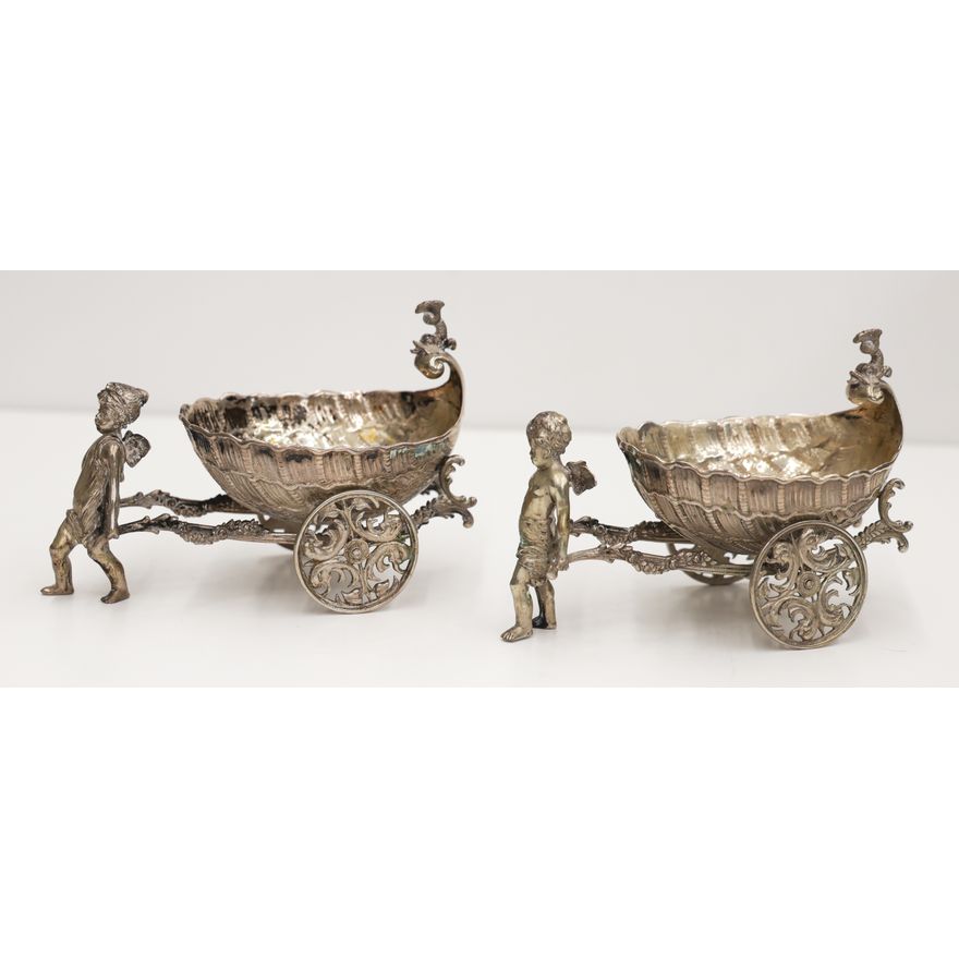 Pair of German Silver Putti Chariot Salt Cellars