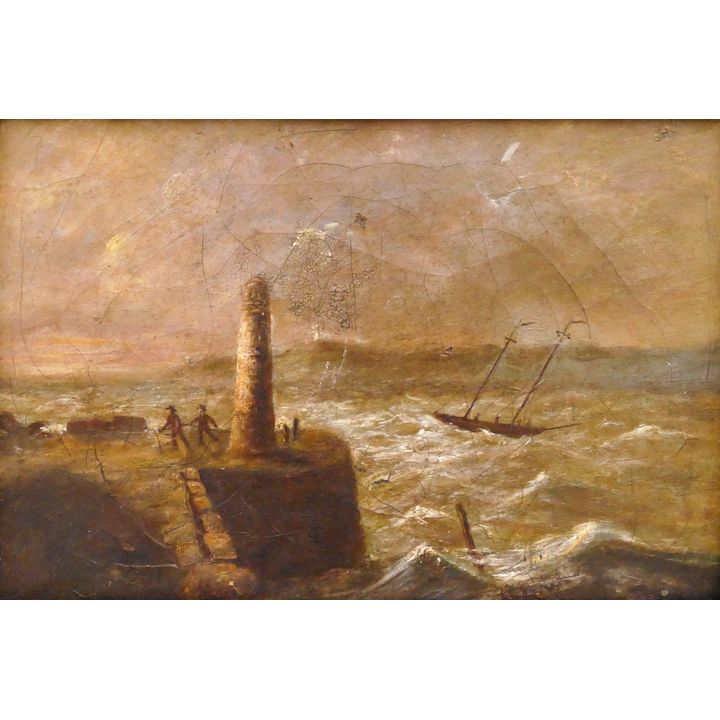 Antique Rough Seas Oil Painting Framed- 13x17''