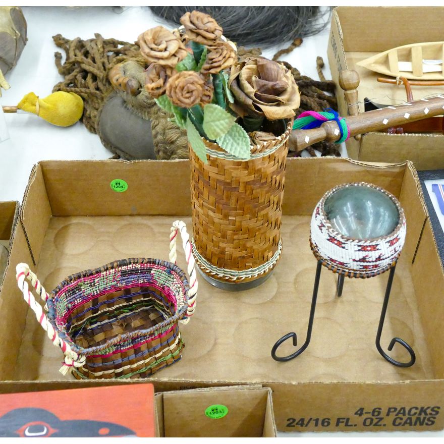 Box 3pc Makah Basketry Vases & Beaded Fish Float