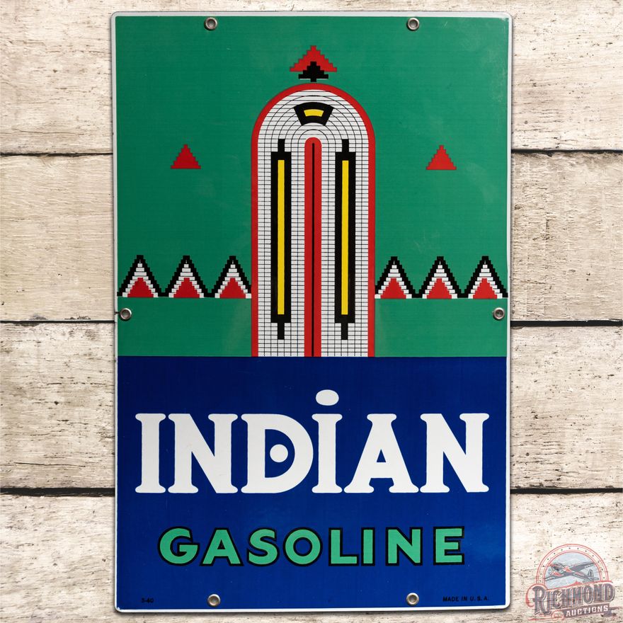 1940 Indian Gasoline SSP Pump Plate Sign - 9