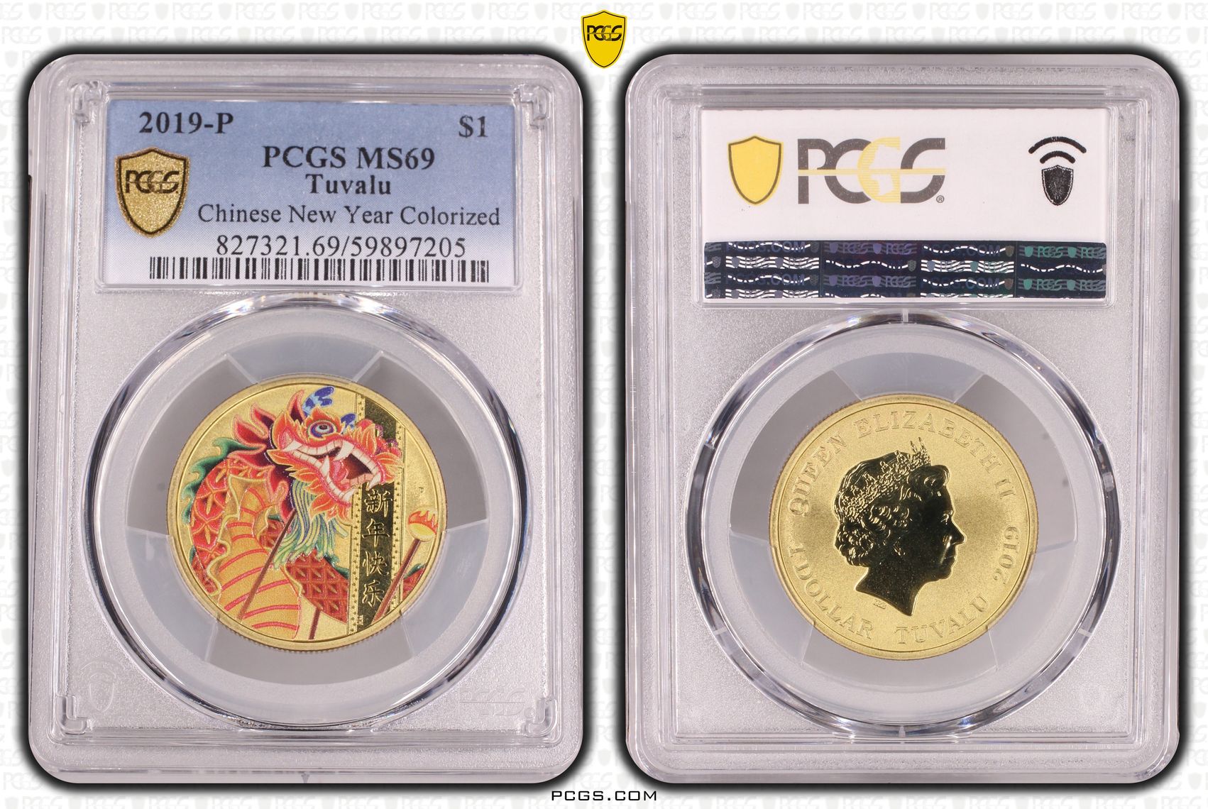 284 · Tuvalu, Chinese New Year Colorized, One Dollar, 2019-P, PCGS MS69