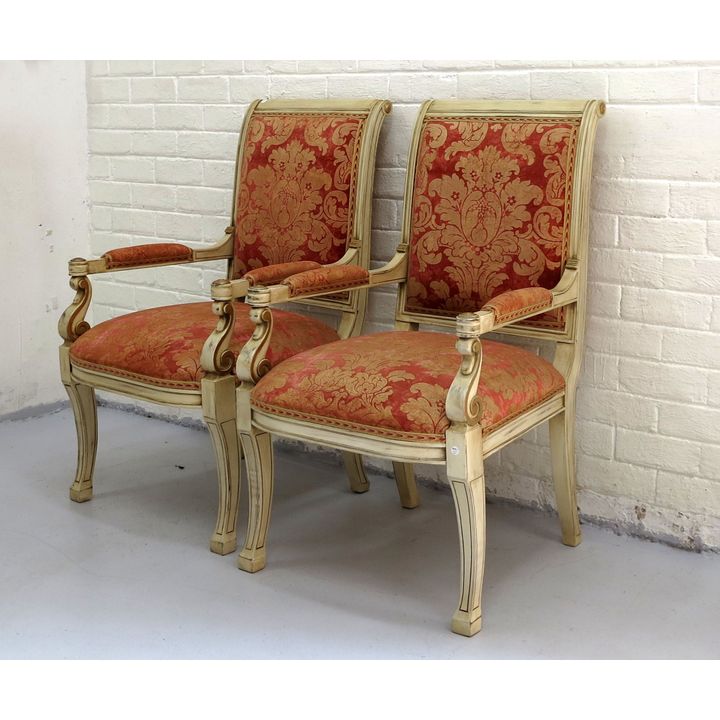 PAIR OF UPHOLSTERED OPEN ARMCHAIRS