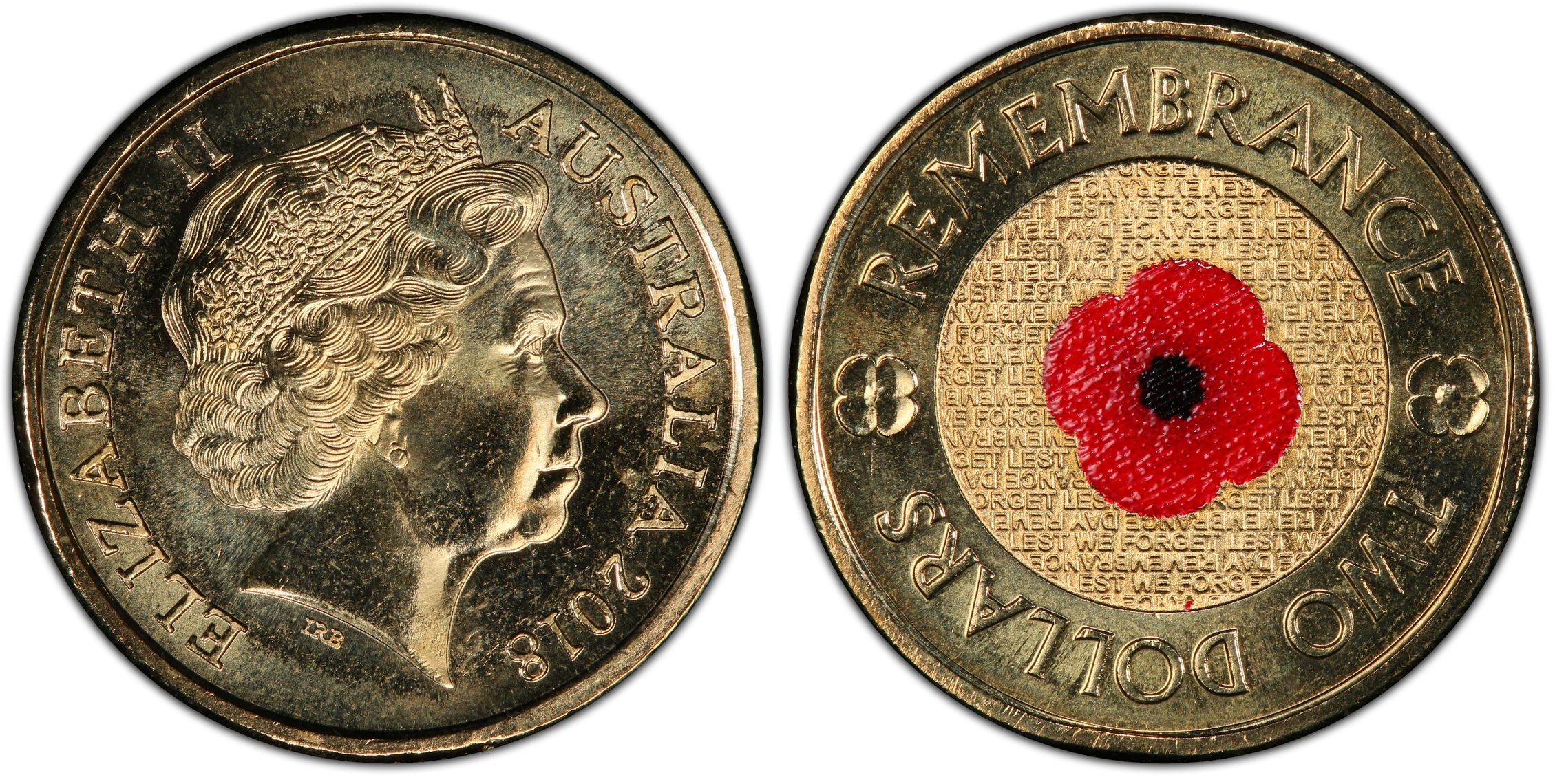 Remembrance Day Red Poppy 30th Ann. $2 Coin Colourised, Two Dollar, 2018, PCGS MS67