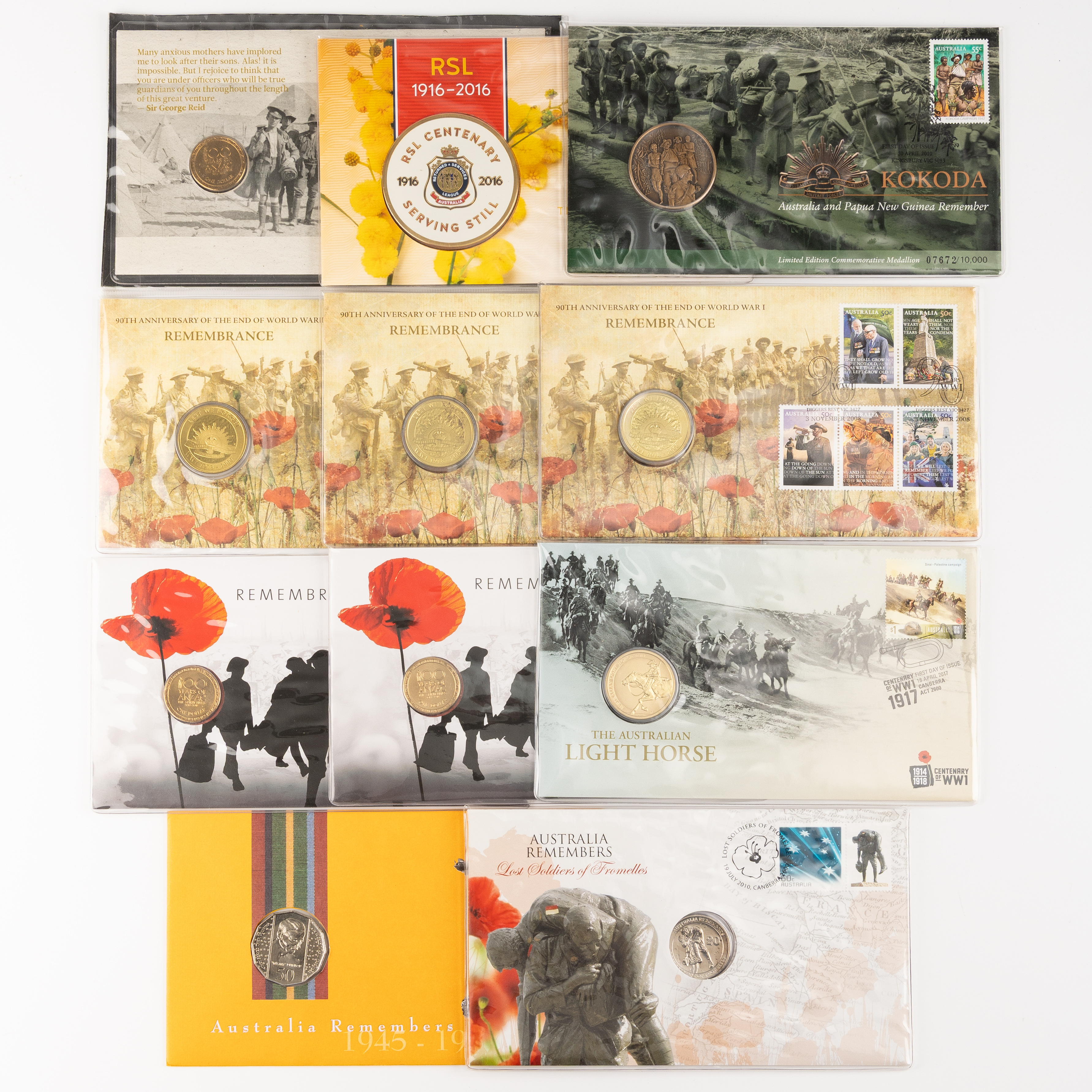 Elizabeth II, WWI & WWII Remembrance, Fifty Cents - One Dollar, 1995 - 2017, UNC