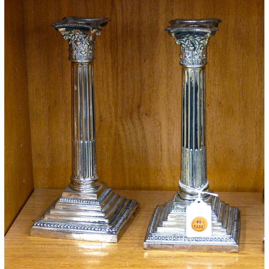 Pair Antique Sheffield Plate Column Candlesticks 10''