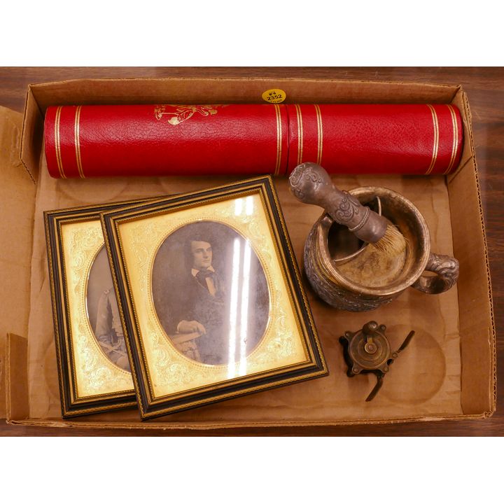 Box Antique Photos and Mustache Cup Etc