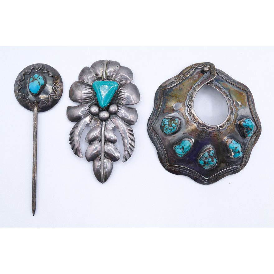Box 3pc Old Navajo Sterling and Turquoise Jewelry